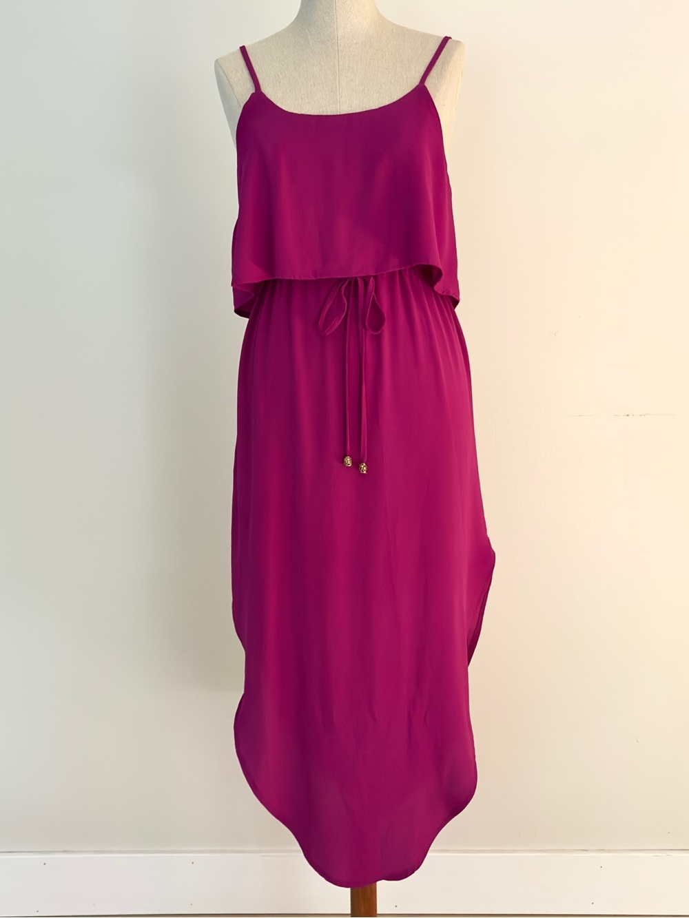 NERLEROLIAN Magenta Layered Midi Dress with Drawstring Waist